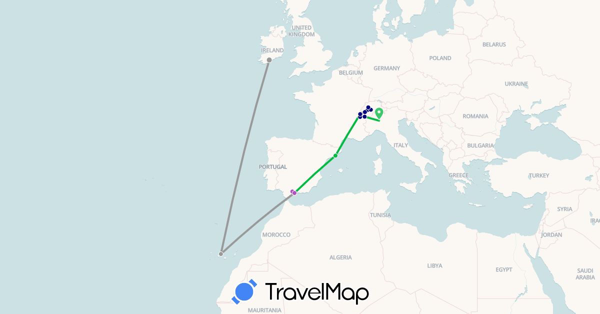 TravelMap itinerary: driving, bus, plane, train in Switzerland, Spain, France, Ireland, Italy (Europe)